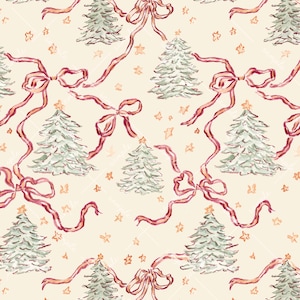 Puede incluir: Un patr&oacute;n repetitivo con &aacute;rboles de Navidad de acuarela, lazos rojos y estrellas doradas sobre un fondo crema. Los &aacute;rboles tienen estrellas doradas en la parte superior. Los lazos tienen cintas largas y fluidas. Este dise&ntilde;o festivo es ideal para productos tem&aacute;ticos navide&ntilde;os.