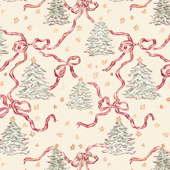 Christmas Wrapping Paper Sheets - Christmas Trees and Bows, Coquette Gift Wrap, Holiday Gift Wrap Rolls, Stars Gift Wrap, Watercolor Trees