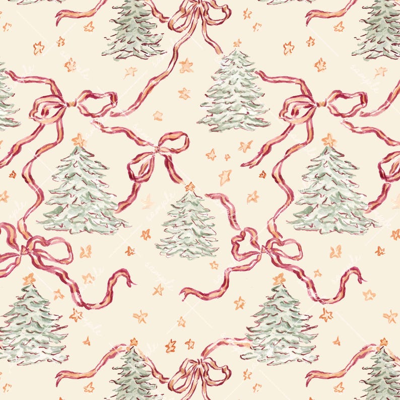 Puede incluir: Un patr&oacute;n repetitivo con &aacute;rboles de Navidad de acuarela, lazos rojos y estrellas doradas sobre un fondo crema. Los &aacute;rboles tienen estrellas doradas en la parte superior. Los lazos tienen cintas largas y fluidas. Este dise&ntilde;o festivo es ideal para productos tem&aacute;ticos navide&ntilde;os.