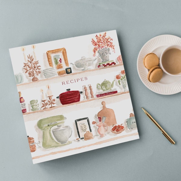 Recipe Binder - Autumn Kitchen Shelves Watercolor - 3-Ring Binder for Recipe Storage and Organization - 2-inch Spine - Optional Tab Dividers