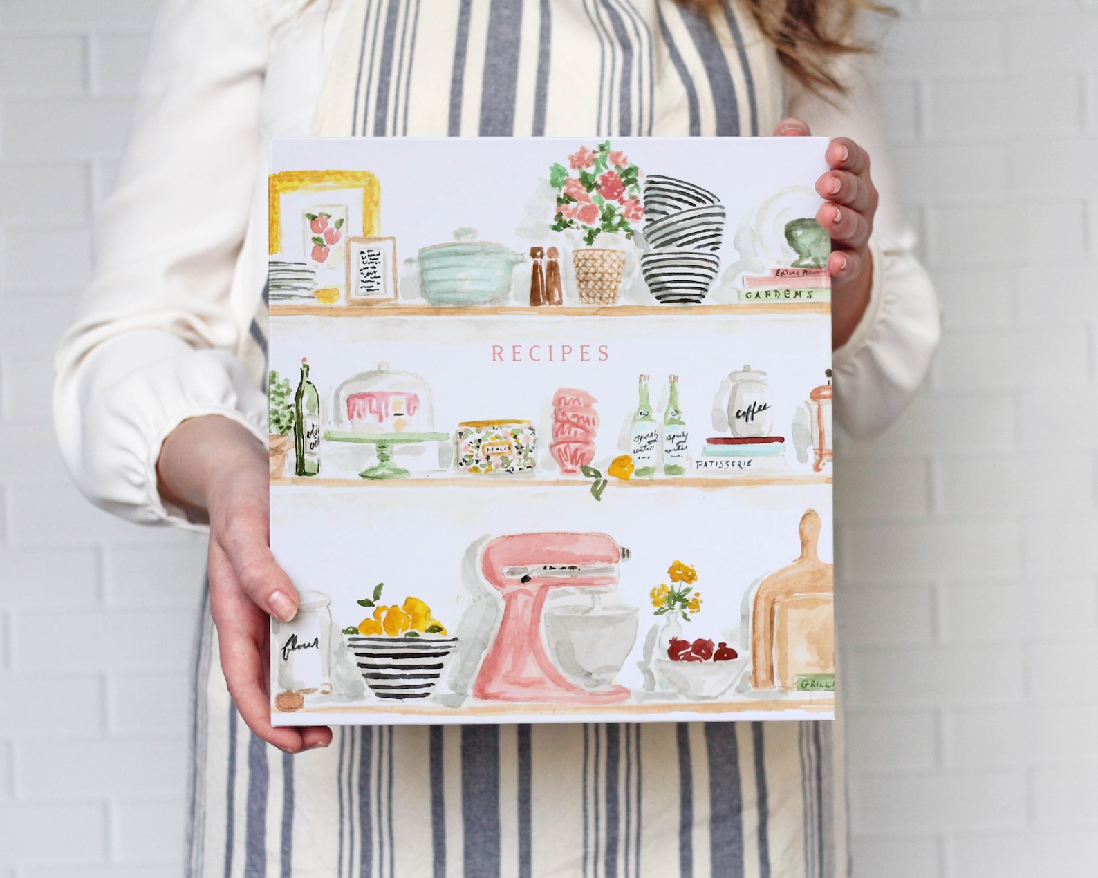Recipe Binder - Kitchen Shelves Watercolor - 3-Ring 2-inch Binder for Recipe Storage and Organization - Add Optional Tab Dividers