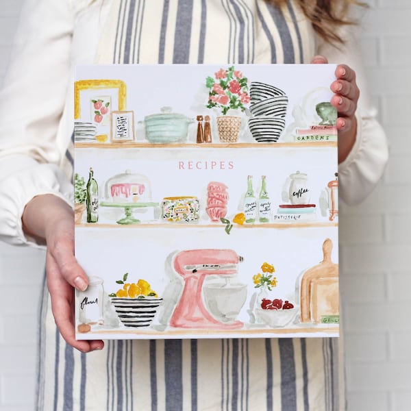 Recipe Binder - Kitchen Shelves Watercolor - 3-Ring 2-inch Binder for Recipe Storage and Organization - Add Optional Tab Dividers