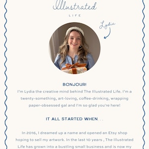 May include: A rectangular informational card with a scalloped blue border featuring the text The Illustrated Life and a circular photograph of a person wearing a white headband and blue shirt holding a gift with a brown ribbon, followed by text.
