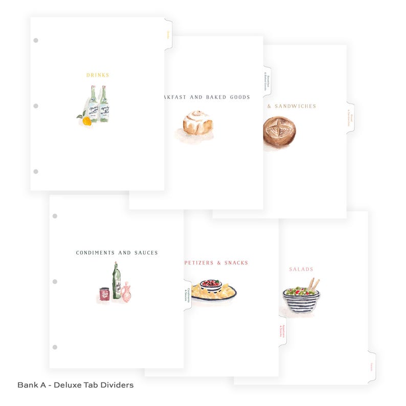 May include: White tab dividers with watercolor illustrations of food and drinks. The dividers are labeled with categories like "Drinks," "Breakfast and Baked Goods," and "Salads." The text "Bank A - Deluxe Tab Dividers" is at the bottom.