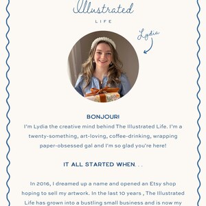 May include: A rectangular informational card with a scalloped blue border featuring the text The Illustrated Life and a circular photograph of a person wearing a white headband and blue shirt holding a gift with a brown ribbon, followed by text.