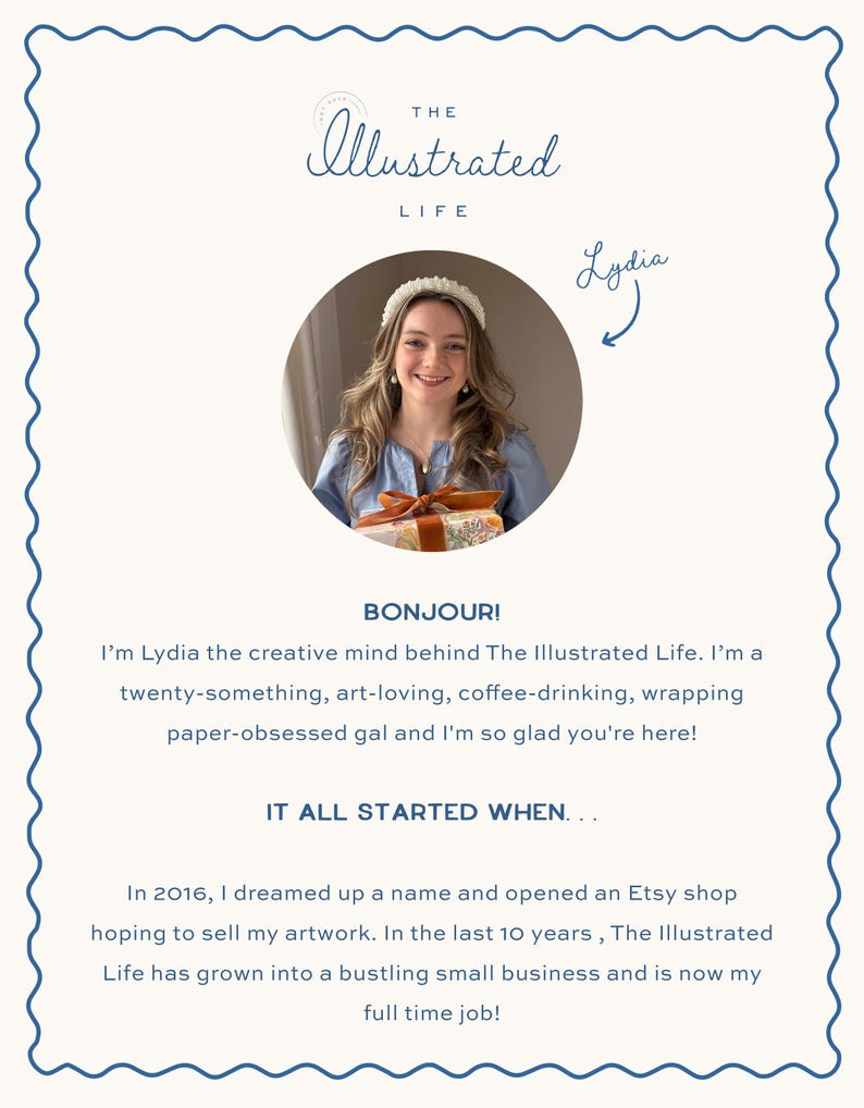 May include: A rectangular informational card with a scalloped blue border featuring the text The Illustrated Life and a circular photograph of a person wearing a white headband and blue shirt holding a gift with a brown ribbon, followed by text.