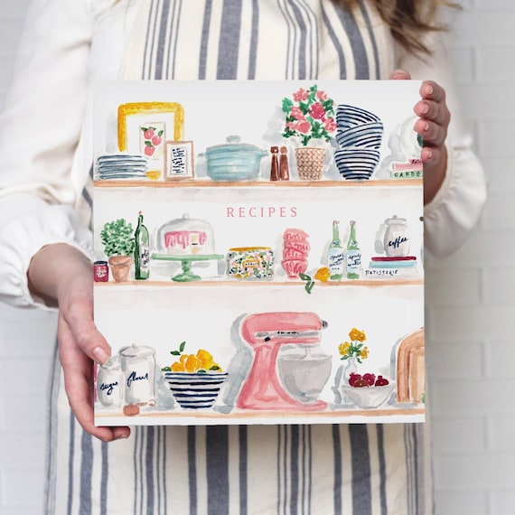 Recipe Binder - Kitchen Shelves Watercolor - 3-Ring 2-inch Binder for Recipe Storage and Organization - Add Optional Tab Dividers