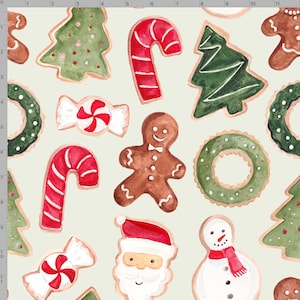 May include: A seamless pattern featuring watercolor illustrations of various Christmas cookies. The cookies are decorated with green, red, and white icing and include a gingerbread man, a candy cane, a Christmas tree, a wreath, and a snowman.