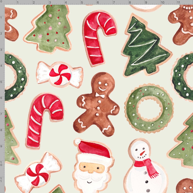 May include: A seamless pattern featuring watercolor illustrations of various Christmas cookies. The cookies are decorated with green, red, and white icing and include a gingerbread man, a candy cane, a Christmas tree, a wreath, and a snowman.