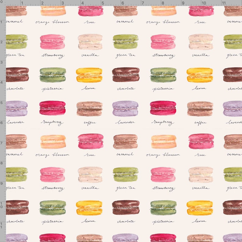 May include: A repeating pattern of watercolor macarons with different flavors. The macarons are arranged in rows and columns, with each row representing a different flavor. The flavors are labeled in handwritten text below each row. The flavors include caramel, orange blossom, rose, green tea, strawberry, vanilla, chocolate, pistachio, lemon, lavender, raspberry, coffee.