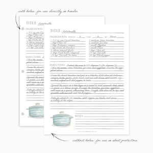 Papier de remplissage pour reliure de recettes - sarriette - illustrations à l'aquarelle, carte de recette pleine dimension, carte de reliure de recette
