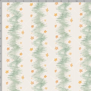 May include: Watercolor pattern featuring vertical green tree-like shapes with gold stars on a cream background. The design has a festive, holiday theme, suitable for fabric or wallpaper.