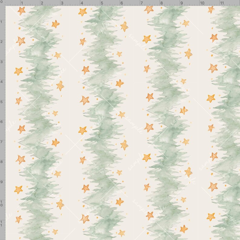 May include: Watercolor pattern featuring vertical green tree-like shapes with gold stars on a cream background. The design has a festive, holiday theme, suitable for fabric or wallpaper.