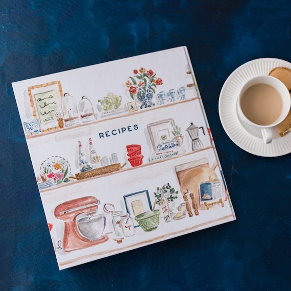Recipe Binder - Summer Kitchen Shelves Watercolor - 3-Ring Binder for Recipe Storage and Organization - 2-inch Spine - Optional Tab Dividers