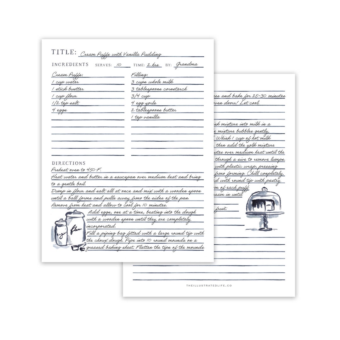 Editable Recipe Page Printable - Blue Watercolor Illustrations - PDF ...