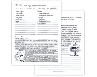 Editable Recipe Page Printable - Blue Watercolor Illustrations - PDF Digital Download