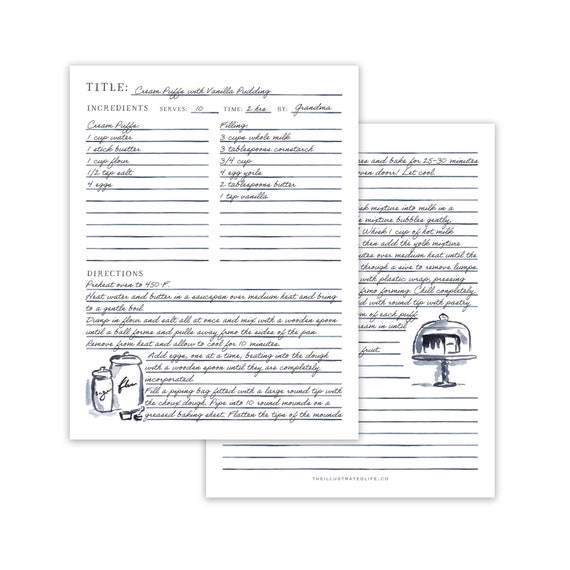 Editable Recipe Page Printable - Blue Watercolor Illustrations - PDF Digital Download