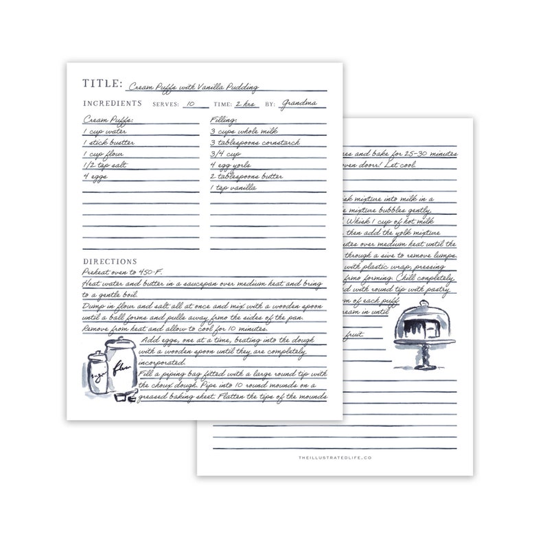 May include: A handwritten recipe card for Cream Puffs with Vanilla Pudding. The recipe card includes a list of ingredients, directions, and a title. The recipe card is on a white background with blue ink.
