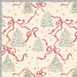 Puede incluir: Patr&oacute;n de acuarela con &aacute;rboles de Navidad, lazos y estrellas en un dise&ntilde;o repetitivo. Los &aacute;rboles son de color verde claro con estrellas doradas. Lazos y cintas rojas se entrelazan con los &aacute;rboles y las estrellas sobre un fondo crema.