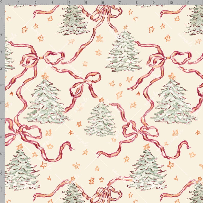Puede incluir: Patr&oacute;n de acuarela con &aacute;rboles de Navidad, lazos y estrellas en un dise&ntilde;o repetitivo. Los &aacute;rboles son de color verde claro con estrellas doradas. Lazos y cintas rojas se entrelazan con los &aacute;rboles y las estrellas sobre un fondo crema.