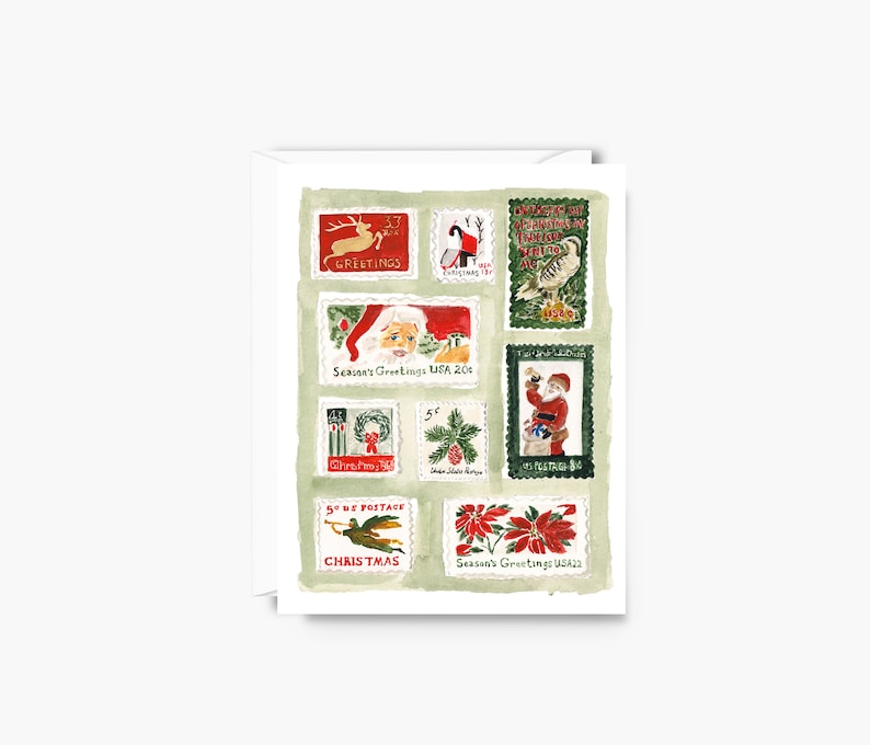 K&ouml;nnte beinhalten: Eine Weihnachtskarte im Vintage-Stil mit einer Collage aus roten und gr&uuml;nen Briefmarken mit Illustrationen von Weihnachtsmann, Rentier, Vogel, Kranz, Tannenzapfen und Weihnachtsstern. Die Briefmarken tragen den Text "Greetings", "Season's Greetings USA 20&cent;", "5&cent; Postage", "Christmas", "Season's Greetings USA 22" und "5&cent;".