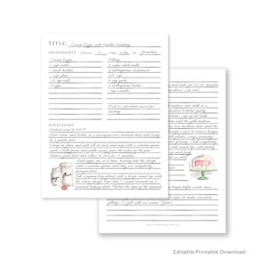 Pagina di ricette modificabile stampabile - Illustrazioni ad acquerello - Download digitale PDF