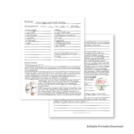 Editable Recipe Page Printable - Watercolor Illustrations - PDF Digital Download