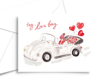 Love Bug Valentine Card - Girlfriend Valentine, Car Valentine, Volkswagen Bug Valentine, Cute Car Valentine Card, Balloons Valentine