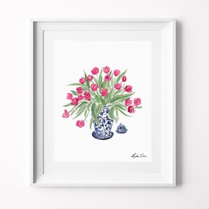 Art Print: Ginger Jar with Tulips, Chinoiserie Jar, Tulips Watercolor
