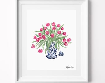 Art Print: Ginger Jar with Tulips, Chinoiserie Jar, Tulips Watercolor