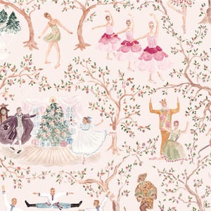 May include: Watercolor illustration featuring ballet dancers, a Christmas tree, and figures in period costumes. The artwork has a soft, pastel color palette with a light pink background and detailed tree branches.