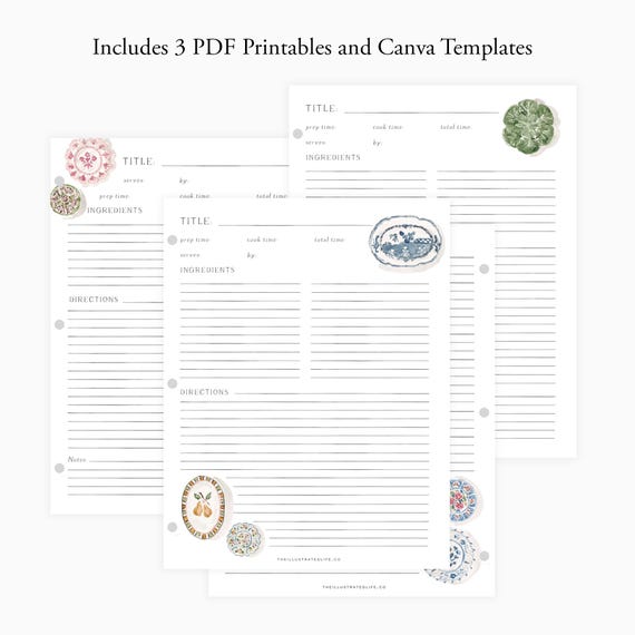 PDF Recipe Page Printable and Canva Templates - China Plates Watercolor Illustrations, 3 Designs/4 pages, Movable text elements, custom font