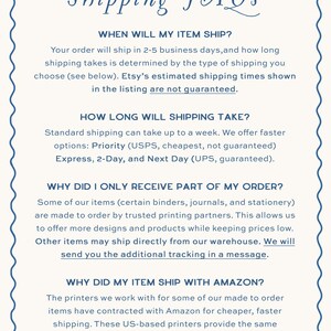 May include: A rectangular informational sign with a scalloped blue border on a cream background. The text reads: Shipping FAQs, When will my item ship?, How long will shipping take?, Why did I only receive part of my order?, and Why did my item ship with Amazon?