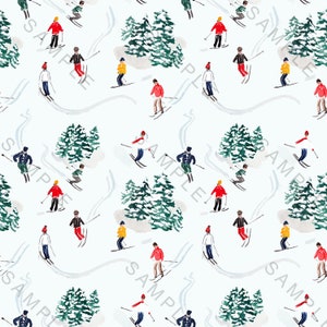 May include: A seamless pattern featuring skiers in colorful clothing on a white background with green pine trees. The skiers are wearing red, blue, yellow, and green clothing. The trees are outlined in white and have a snowy texture.