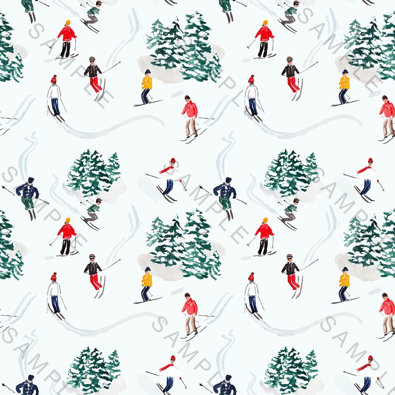 May include: A seamless pattern featuring skiers in colorful clothing on a white background with green pine trees. The skiers are wearing red, blue, yellow, and green clothing. The trees are outlined in white and have a snowy texture.