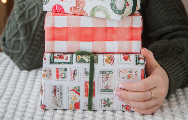 Wrapped Stamp Christmas Wrapping Paper - Postage Stamps, Holiday Stamp Giftwrap ...