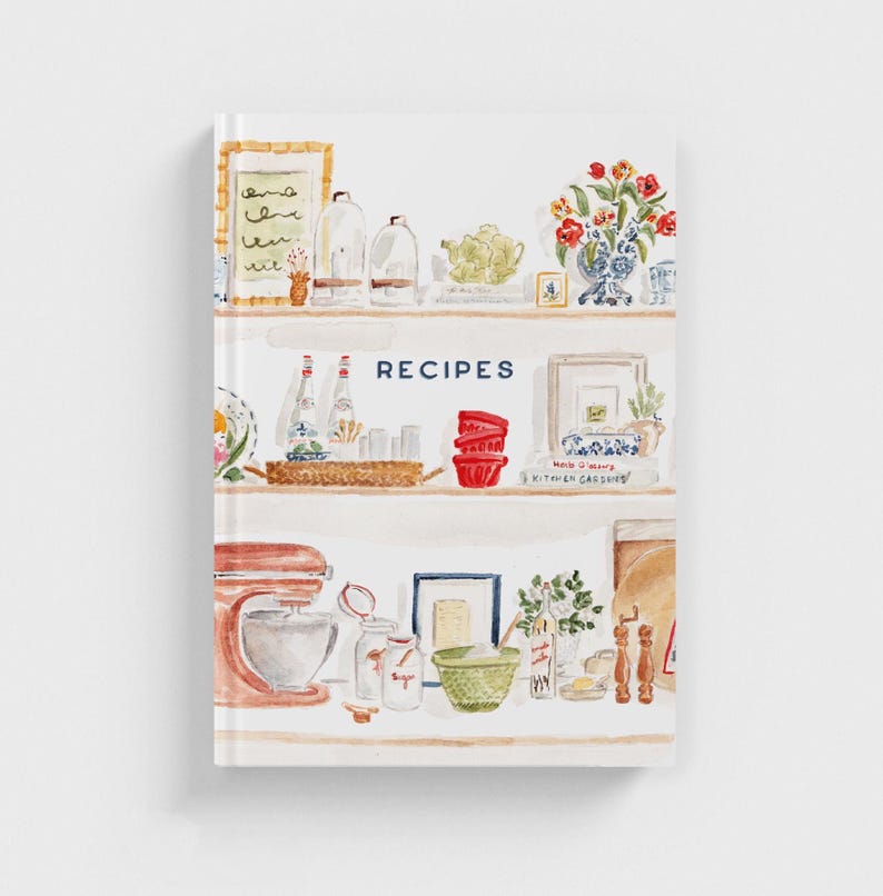 May include: A watercolor illustration of a kitchen shelf with various items, including a red stand mixer, a glass jar, a green bowl, and a framed picture. The shelf is labeled "RECIPES".