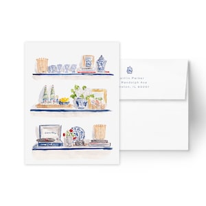 Monogramed Stationery - Blue and White Styled Shelves, Personalized Stationery, Custom Stationery, Custom Flat Notecards, Summer Stationery