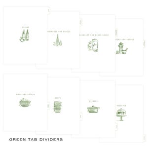 May include: A set of eight white tab dividers for a recipe binder, each featuring green line-art illustrations and text labels including Drinks, Condiments and Sauces, Breakfast and Baked Goods, Appetizers and Snacks, Sides and Salads, Soups, Entrees, and Desserts.