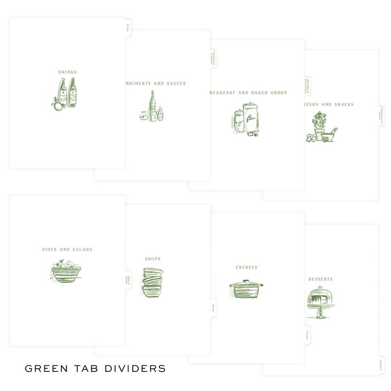 May include: A set of eight white tab dividers for a recipe binder, each featuring green line-art illustrations and text labels including Drinks, Condiments and Sauces, Breakfast and Baked Goods, Appetizers and Snacks, Sides and Salads, Soups, Entrees, and Desserts.