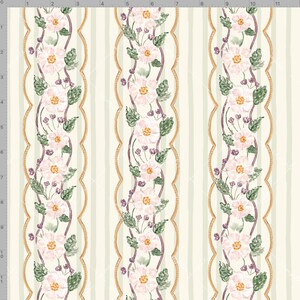 May include: A fabric pattern featuring vertical stripes in cream and light green, interspersed with repeating floral bands. Each band contains watercolor-style pink flowers, green leaves, and dark purple stems, framed by wavy gold lines.