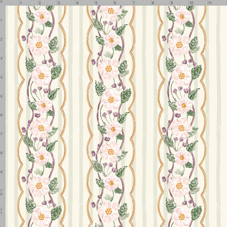 May include: A fabric pattern featuring vertical stripes in cream and light green, interspersed with repeating floral bands. Each band contains watercolor-style pink flowers, green leaves, and dark purple stems, framed by wavy gold lines.