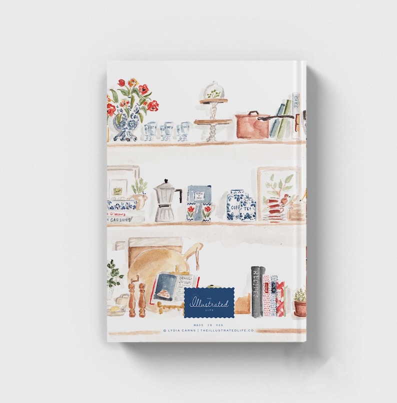 May include: A watercolor illustration of a kitchen shelf with various items, including a coffee pot, books, and a vase of flowers. The shelf is painted in a light wood tone and has a white background. The text "The Illustrated Life" is visible in the bottom right corner.