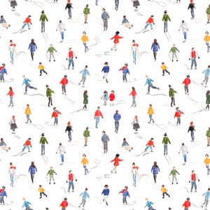 May include: A watercolor illustration of people ice skating on a white background. The people are wearing colorful winter clothing and are depicted in various poses.