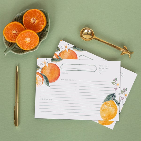 Citrus Recipe Cards - Set of 12 or 36 Cards, 4x6 inches or 5x7 inches, Lemon Recipe Cards, Oranges Recipe Cards, Watercolor Recipe Cards