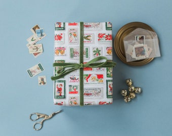 Christmas Wrapping Paper - Postage Stamps, Holiday Stamp Giftwrap, Postage Gift Wrap, Fun Holiday Gift Wrap, Vintage Holiday Stamps Wrap