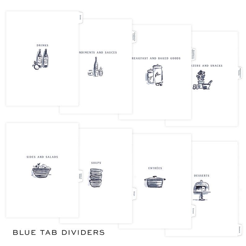 May include: White tab dividers with blue ink illustrations and text. Categories include Drinks, Condiments and Sauces, Breakfast and Baked Goods, Appetizers and Snacks, Sides and Salads, Soups, Entrees, and Desserts. The text "BLUE TAB DIVIDERS" is at the bottom.