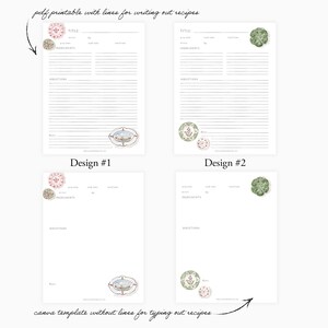 Może przedstawiać: Cztery projekty kart z przepisami na białym papierze. Każdy projekt zawiera dekoracyjne elementy kwiatowe w kolorze r&oacute;żowym, zielonym i niebieskim. Karty zawierają miejsca na tytuł, czas przygotowania, czas gotowania, składniki i instrukcje. Tekst na g&oacute;rze brzmi "pdf do druku z liniami do pisania przepis&oacute;w".