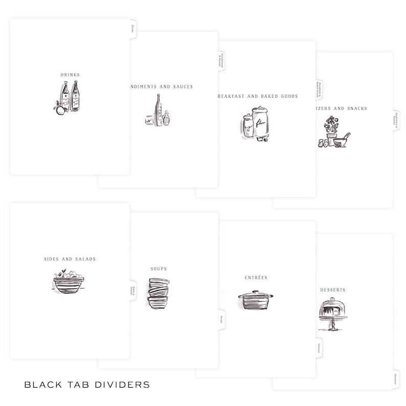 May include: White tab dividers with black illustrations and text. The dividers are labeled with categories like "Drinks," "Sides and Salads," and "Desserts." The text "BLACK TAB DIVIDERS" is at the bottom. The illustrations are simple line drawings.