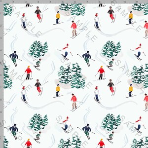 May include: A white background with a repeating pattern of skiers in colorful clothing skiing down a snowy mountain. The skiers are wearing red, blue, yellow, and green clothing. There are also green pine trees on the mountain.